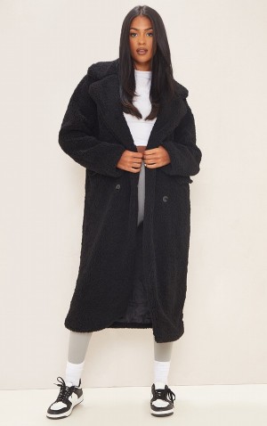 Black Pretty Little Thing Tall Longline Borg Coats | BVLMOKD-08