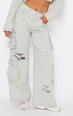 Blue Pretty Little Thing Ice Vintage Wash Distressed Panelling Wide Leg Cargo Jeans | IQJTFMS-72