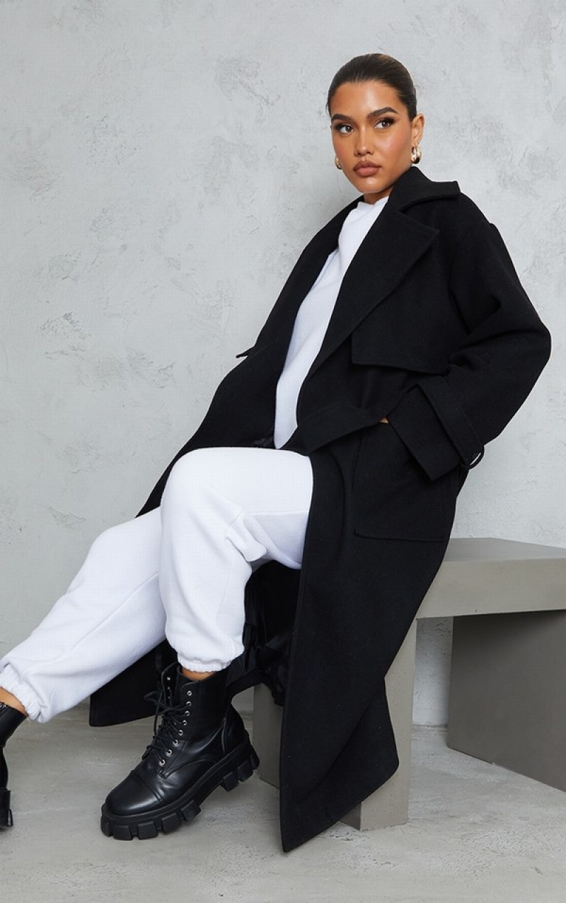 Black Pretty Little Thing Maxi Panel Detail ed Coats | GFSTRIU-34
