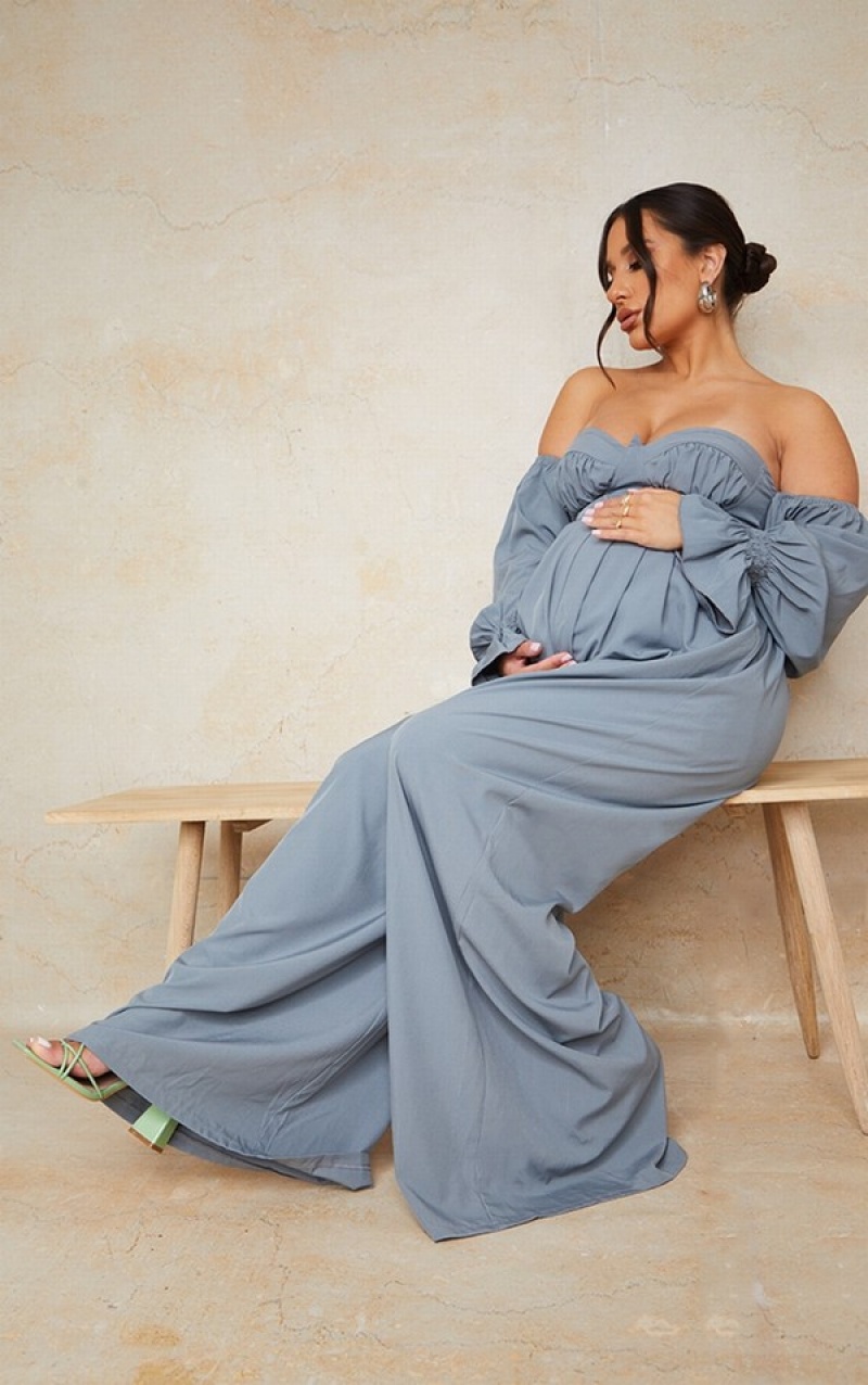 Blue Pretty Little Thing Maternity Corset Detail Bardot Wide Leg Jumpsuits | PWYDBUR-60