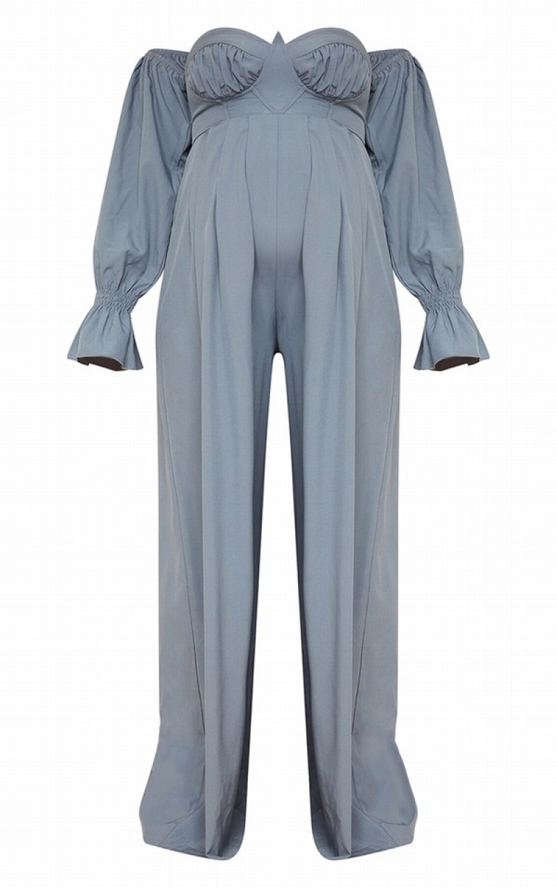 Blue Pretty Little Thing Maternity Corset Detail Bardot Wide Leg Jumpsuits | PWYDBUR-60
