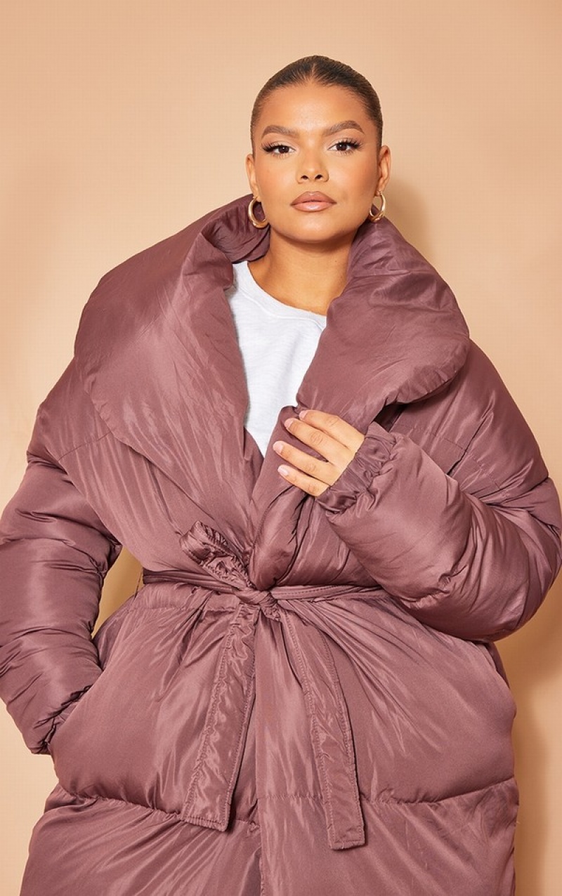 Chocolate Pretty Little Thing Plus Oversized Collar ed Longline Puffer Coats | BJNIVFZ-89