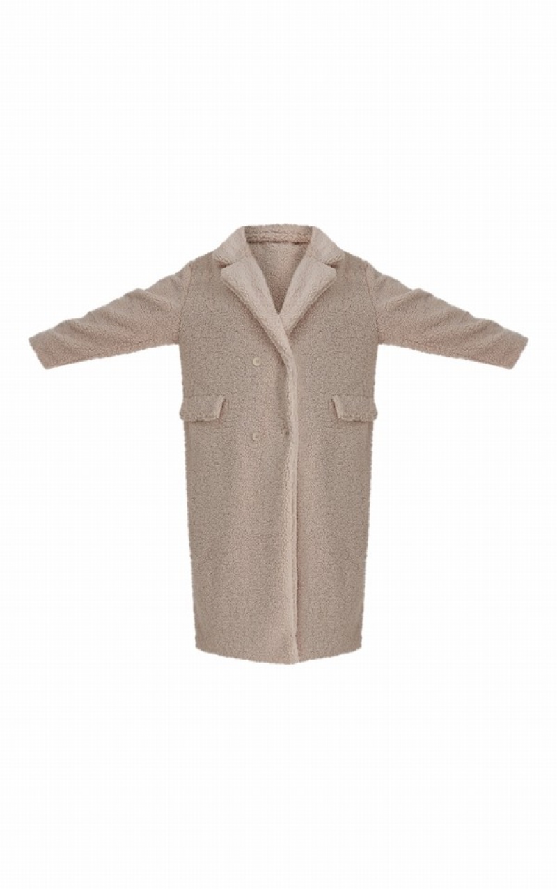 Cream Pretty Little Thing PLT Label Plus Longline Borg Coats | OVHXGAQ-32