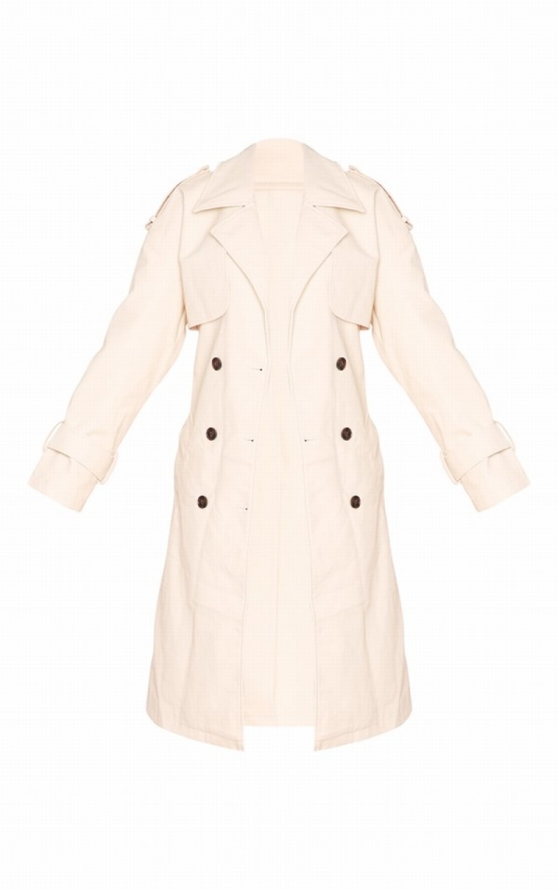 Cream Pretty Little Thing Petite Faux Leather Statement Buckle Trench Coats | HGSQKLB-13