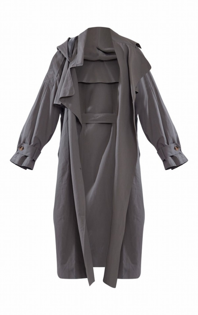 Grey Pretty Little Thing Charcoal Woven Hooded Oversized Trench Coats | VSCZGOL-42