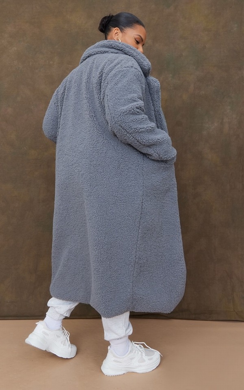 Grey Pretty Little Thing PLT Label Plus Charcoal Longline Borg Coats | MBQLWPI-56
