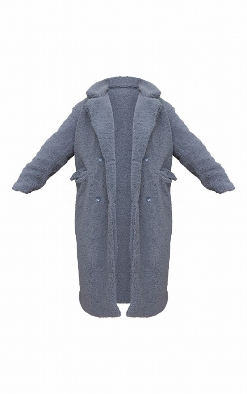 Grey Pretty Little Thing PLT Label Plus Charcoal Longline Borg Coats | MBQLWPI-56