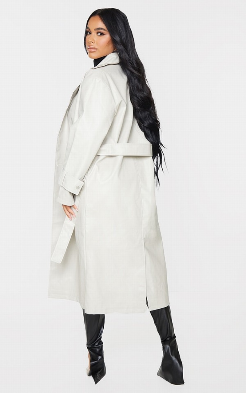 Grey Pretty Little Thing Petite Stone Faux Leather Sleeve Detail Trench Coats | VABNKFZ-10