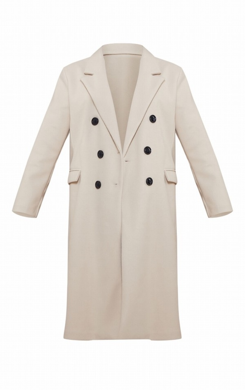 Grey Pretty Little Thing Stone Double Breasted Wool Look Overcoat Coats | UEMNIAJ-38
