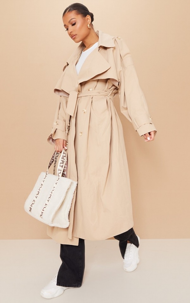 Grey Pretty Little Thing Stone Woven Hooded Oversized Trench Coats | KBDNUIW-03
