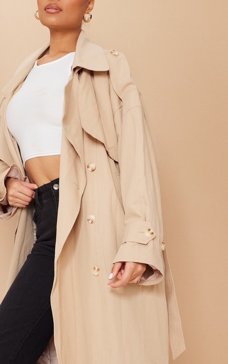 Grey Pretty Little Thing Stone Woven Hooded Oversized Trench Coats | KBDNUIW-03