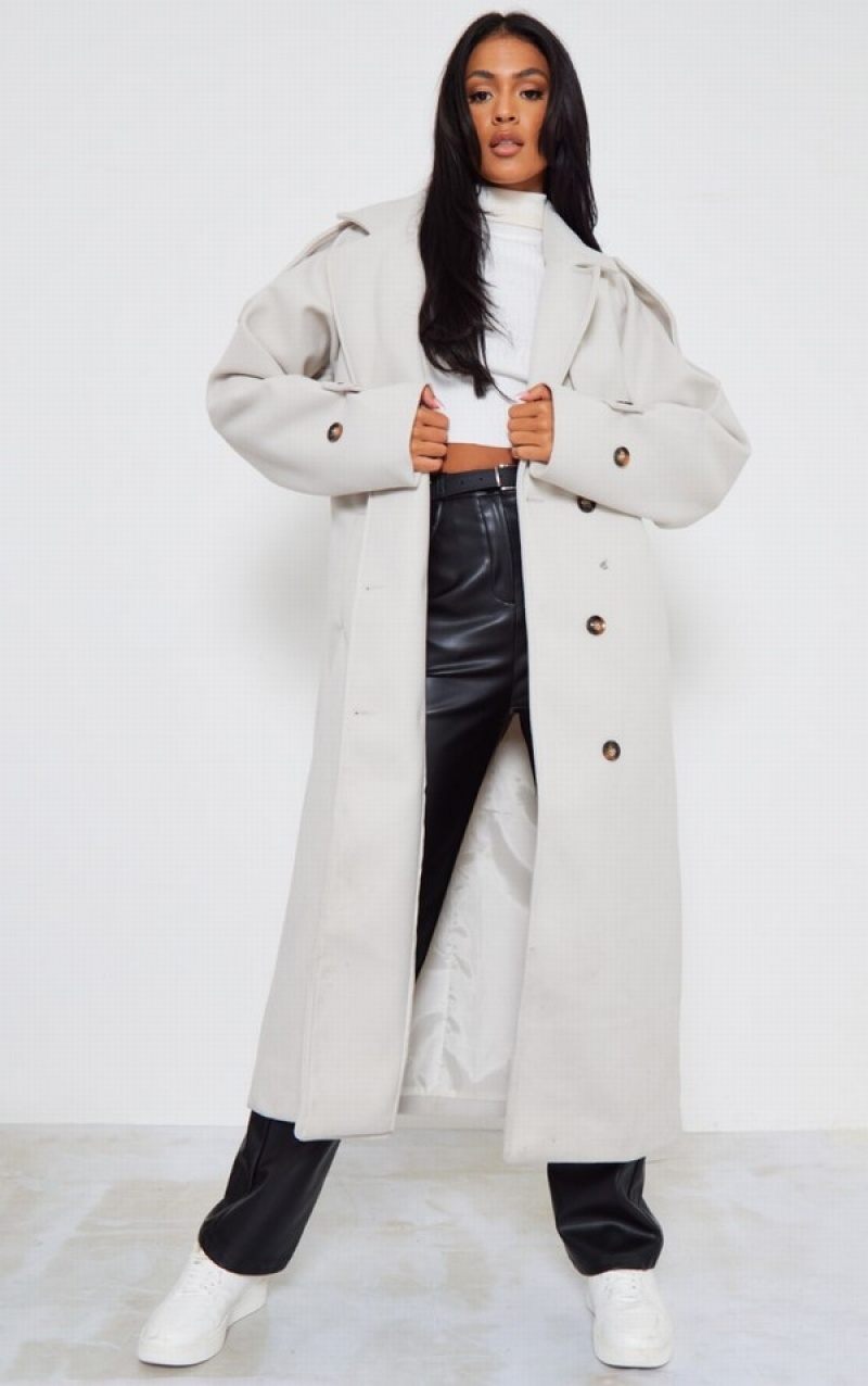Grey Pretty Little Thing Tall Stone Oversized Double Breasted Military Trim Coats | HFGJKQO-45