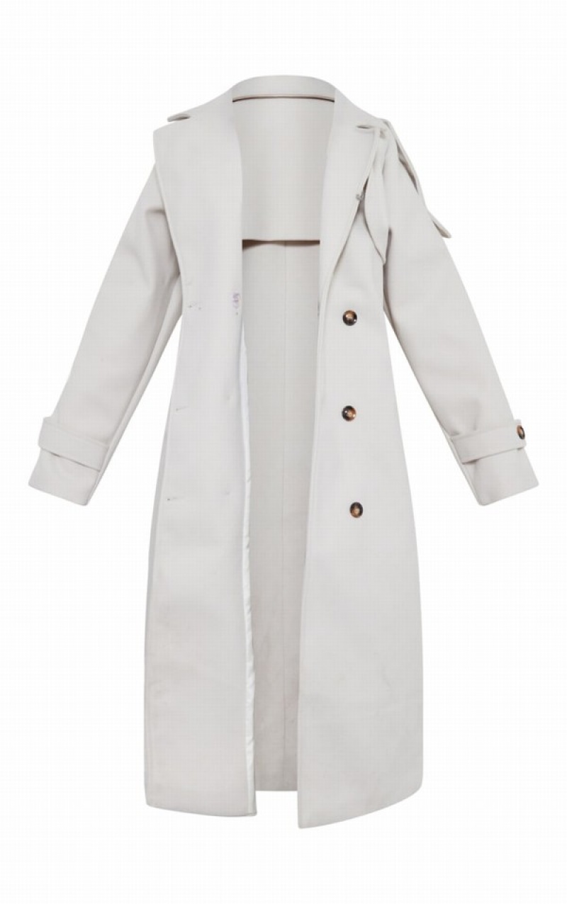 Grey Pretty Little Thing Tall Stone Oversized Double Breasted Military Trim Coats | HFGJKQO-45
