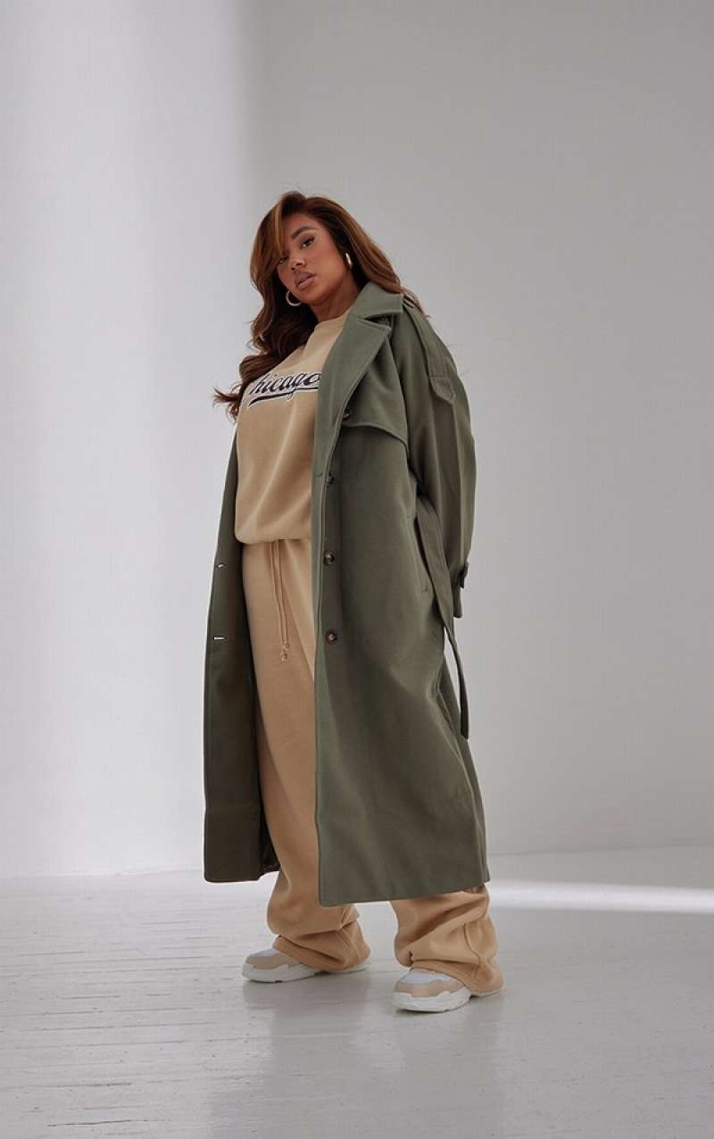 Khaki Pretty Little Thing Plus Oversized Double Breasted Military Trim Coats | SPBHMCX-62
