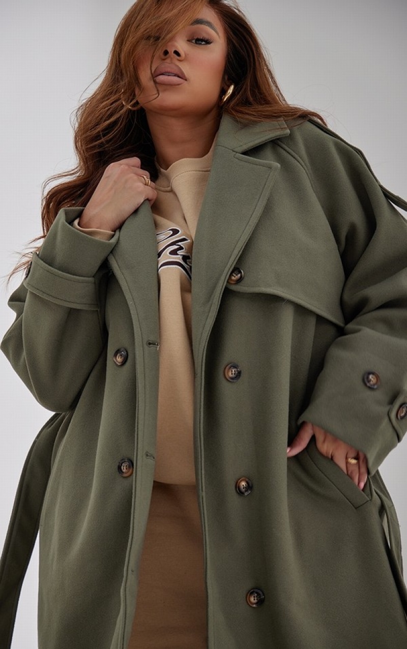 Khaki Pretty Little Thing Plus Oversized Double Breasted Military Trim Coats | SPBHMCX-62